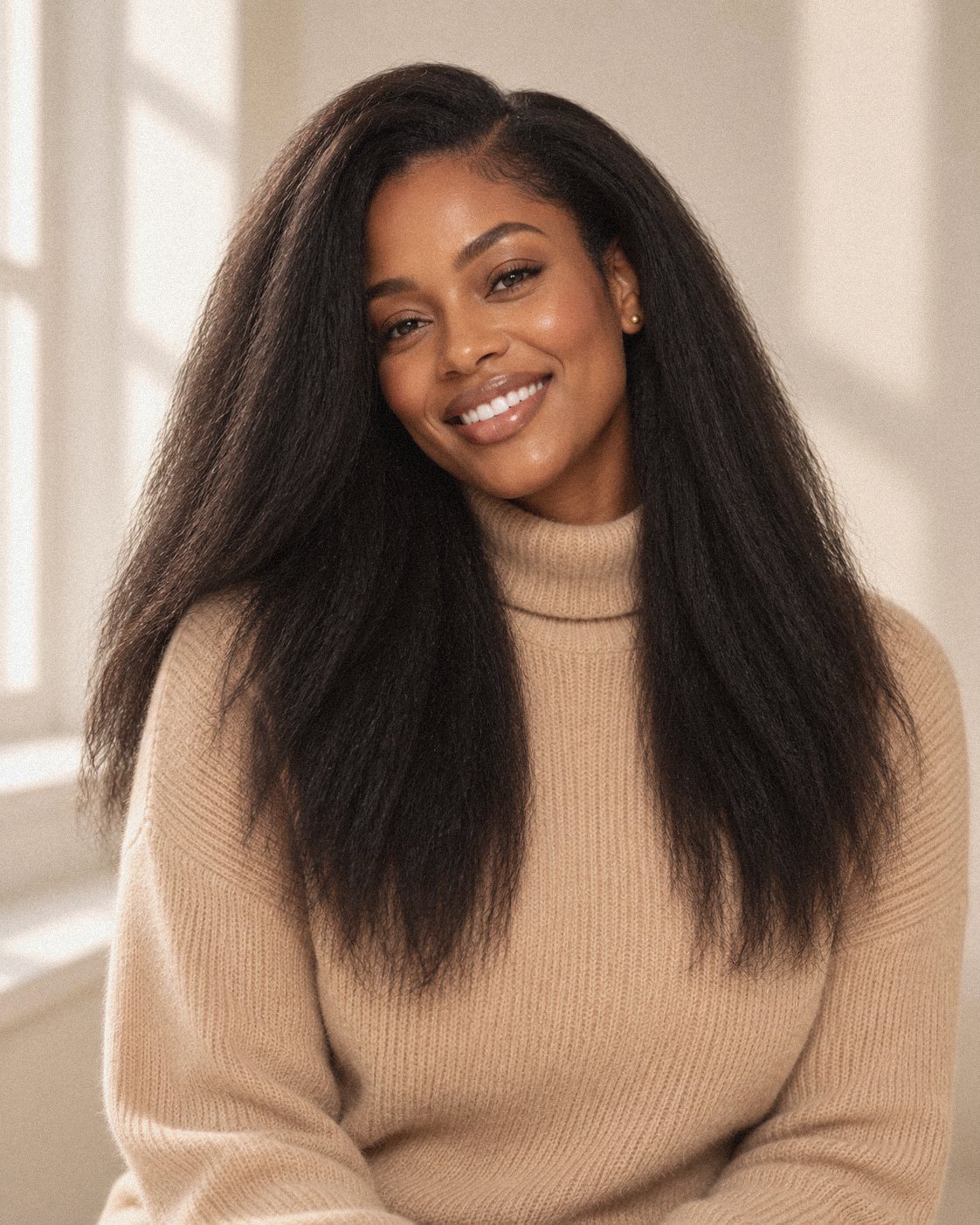 Woman wearing Kinky Straight hair